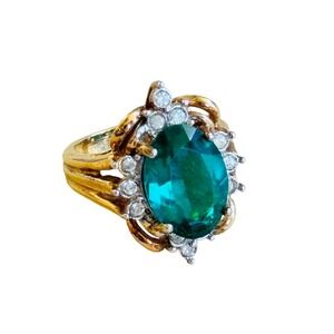 14KT HGE LIND Cocktail Ring Green Oval Stone Sz7 Heavy Gold Electroplate VTG